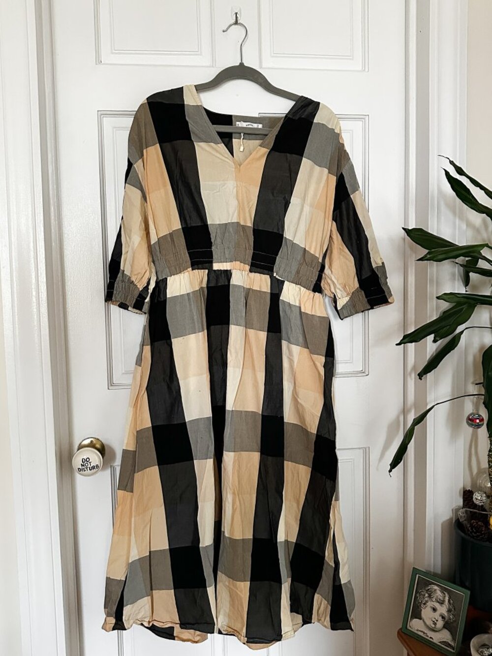 Mango MNG Oversized Check Plaid Maxi Dress Black Beige Size L